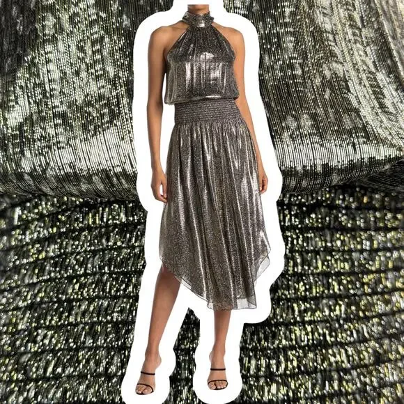 New w/Tags RAMY BROOK NEW YORK silk metallic snakeskin print evening dress gown - Picture 3 of 17